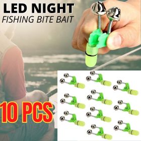 10x LED Night Fishing Bait Bite Alarm Twin 2 Bells Light Rod Tip Clip Alert Ring (Color: Green)